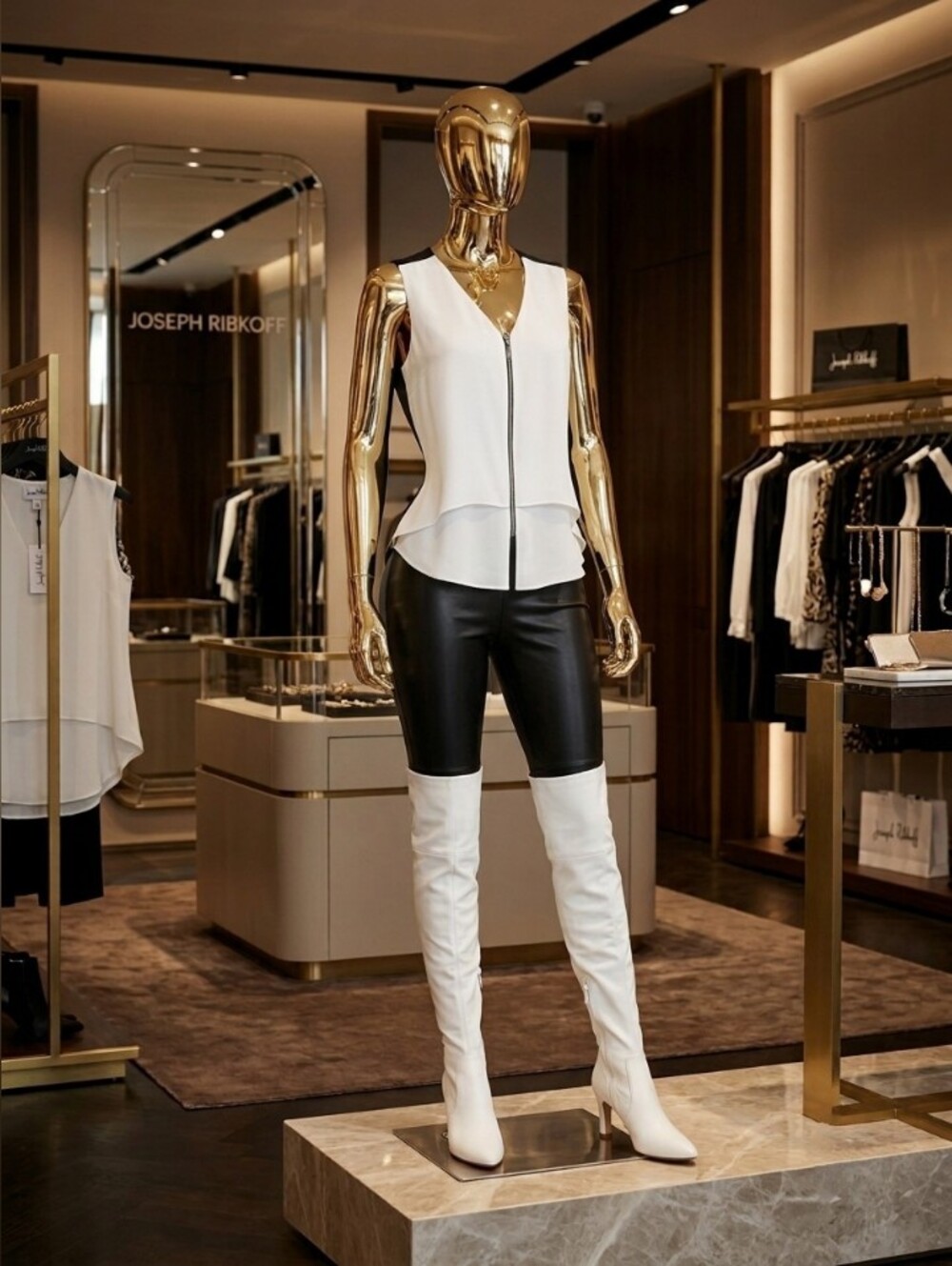 Joseph Ribkoff White & Black Zip-Front Sleeveless Blouse